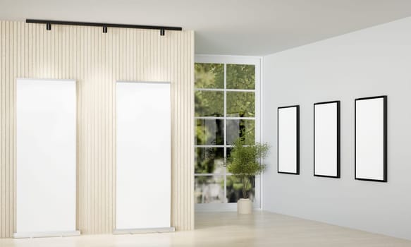 A modern gallery featuring vertical light panels and framed spaces, designed for contemporary art exhibitions.