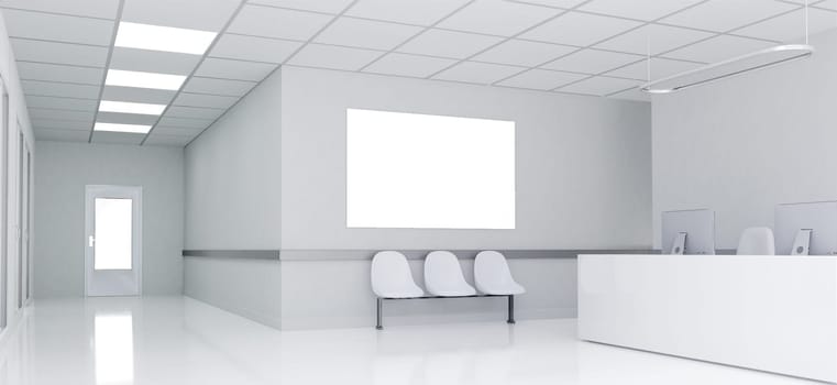This image showcases a bright and spacious hospital entrance with a sleek reception desk, ideal for healthcare-related designs.