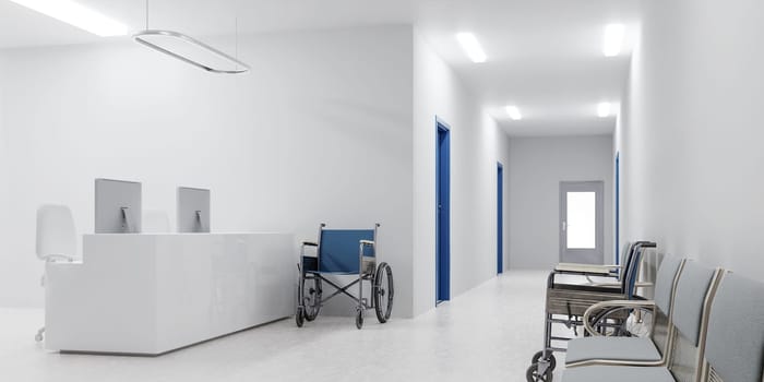 A contemporary hospital hallway featuring clean white walls, a reception area, and a wheelchair, ideal for healthcare design concepts.