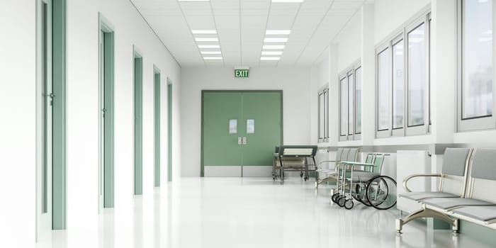 A spacious hospital corridor with a soothing green color scheme and modern waiting chairs, ideal for design and planning.