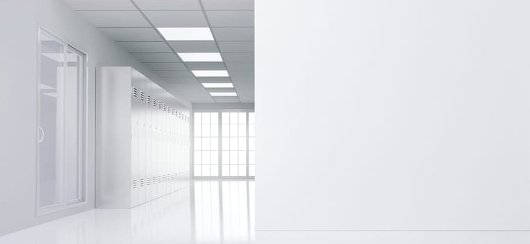 A pristine healthcare hallway featuring white lockers and bright lighting, perfect for creating clean and modern healthcare-related designs.
