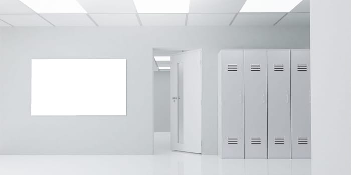 A modern healthcare room showcasing lockers and a large blank wall, suitable for innovative medical designs or branding.