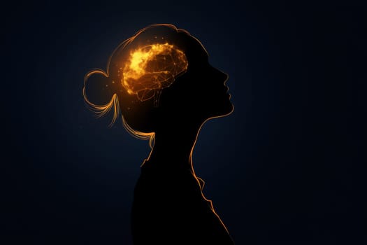 Silhouette of woman with glowing neural network representing artificial intelligence and creativity..