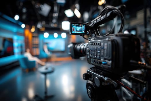 Recording an interview on camera in a television studio with a blurred background, demonstrating media technologies. Creation of a conceptual television studio..