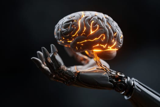 AI Robot Hand Holding a Glowing Digital Brain..