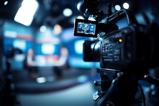 Recording an interview on camera in a television studio with a blurred background, demonstrating media technologies. Creation of a conceptual television studio..