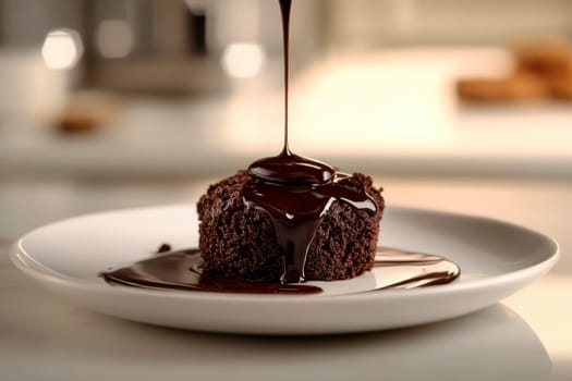 Chocolate brownies on a ceramic dish with drizzling melted chocolate sauce on a light backdrop. Homemade baked goods..