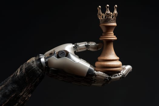 Robotic hand holding king chess piece in the center of chessboard, symbolizing the intersection of artificial intelligence and strategic thinking..