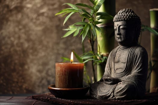 Buddha alongside candle and bamboo. for meditation guides, spa promotions, or spiritual wellness content..