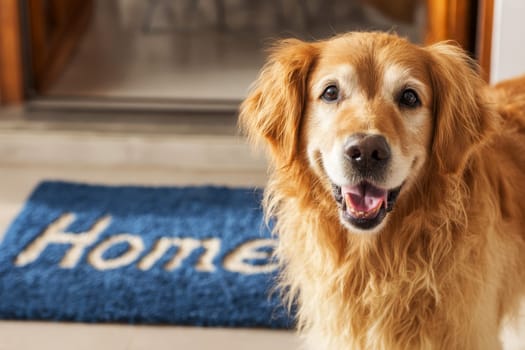 golden retriever dog smiling at the camera, standing on a blue doormat..