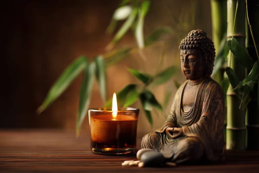 Buddha alongside candle and bamboo. for meditation guides, spa promotions, or spiritual wellness content..