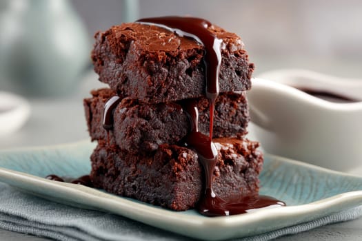 chocolate brownies on a ceramic home made bakery..