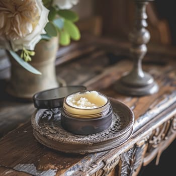 Cosmetic cream in a glass jar. Skin care concept. Background for beauty products