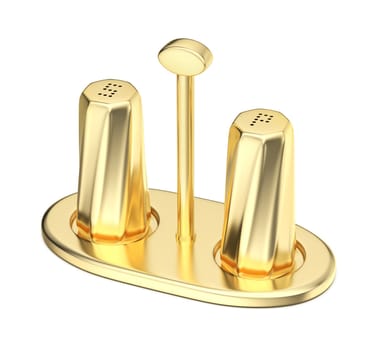 Golden salt and pepper shakers on a holder
