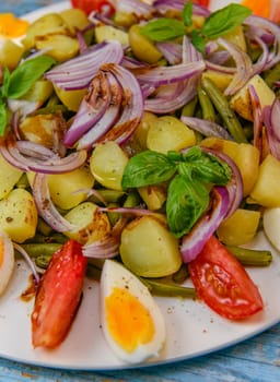 Fresh salad, green beans, small potatoes, egg, tomato, basil, red onions and balsamic vinaigrette. High quality photo