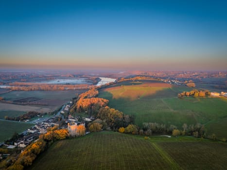 France, Gironde, Haut-Langoiran, Aerial view of the vineyard and wooded areas of Chateau de Langoiran in the Bordeaux vineyards at sunrise