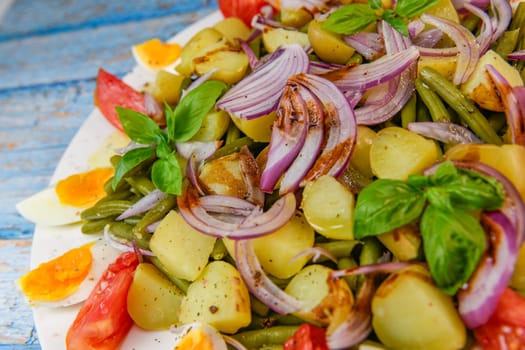 Fresh salad, green beans, small potatoes, egg, tomato, basil, red onions and balsamic vinaigrette. High quality photo