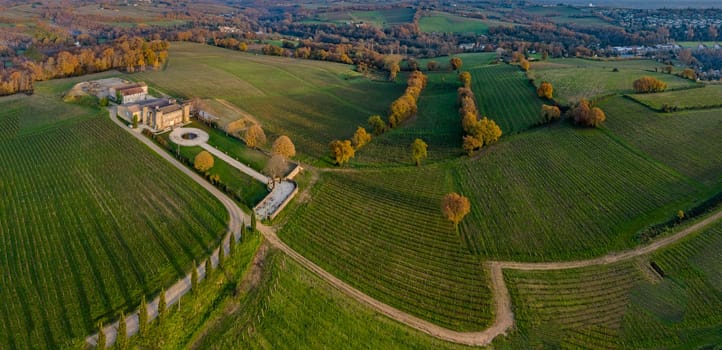 France, Gironde, Tabanac, Aerial view of the vineyard and wooded areas of Chateau le Pic in the Bordeaux vineyards at sunset. High quality photo