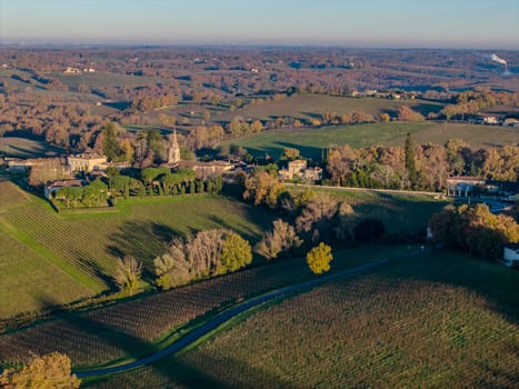 France, Gironde, Haut-Langoiran, Aerial view of the vineyard and wooded areas of Chateau de Langoiran in the Bordeaux vineyards at sunrise
