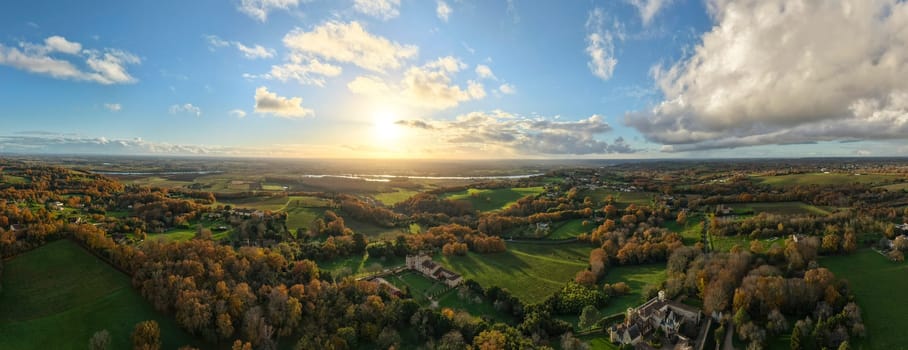 France, Gironde, Tabanac, Aerial view of the vineyard and wooded areas of Chateau le Pic in the Bordeaux vineyards at sunset. High quality photo