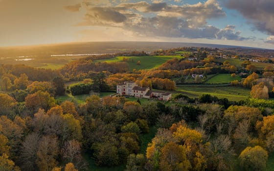 France, Gironde, Tabanac, Aerial view of the vineyard and wooded areas of Chateau le Pic in the Bordeaux vineyards at sunset. High quality photo
