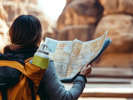 Back view of a female traveler holding a map and wearing a backpack while exploring a rocky desert canyon, symbolizing exploration, direction, and solo adventure. AI-generated visual inspiration.