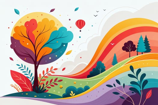 A lively landscape showcases vibrant colors, with bright trees, rolling hills, and a hot air balloon soaring in a clear sky, evoking tranquility - Spring season - Generative AI.