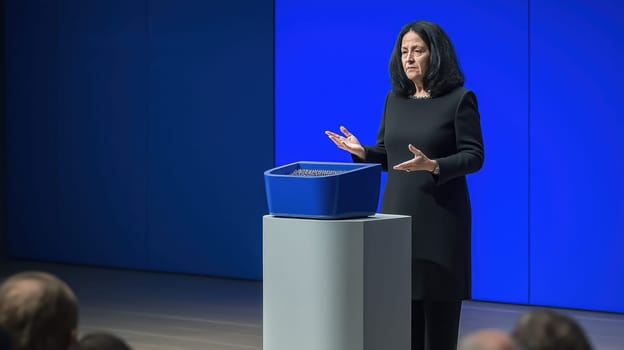 Businesswoman presenting new futuristic product during a corporate event with blue background