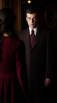 Businessman wearing glasses and a suit engaging in a meeting with a woman in a dark, elegant room, creating an atmosphere of mystery and anticipation