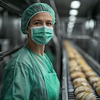 Female baker wearing hairnet and surgical mask working near production line of freshly baked bread in food factory