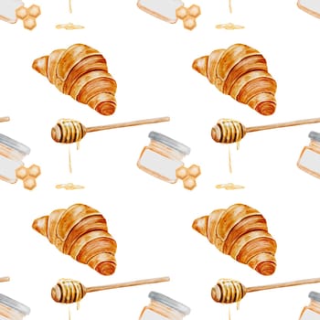 Croissant and honey watercolor pattern. Hand drawn illustration fresh french bun. Food clip art. Ideal for bakery prints, postcards and pastry shop posters. High quality illustration