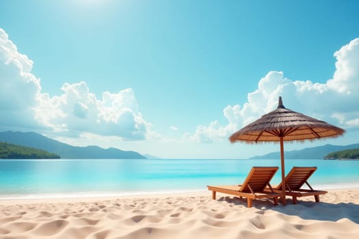 Two wooden loungers sit on soft sand beneath a thatched umbrella, with tranquil blue waters stretching under a clear sky and fluffy clouds. Generative AI.
