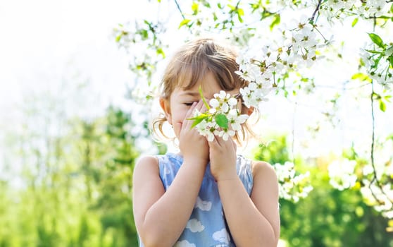child allergic to flowering trees. Selective focus. kid.