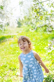 Child in a garden of flowering trees. Selective focus. kid.