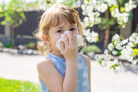 child allergic to flowering trees. Selective focus. kid.