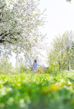 Child in a garden of flowering trees. Selective focus. kid.