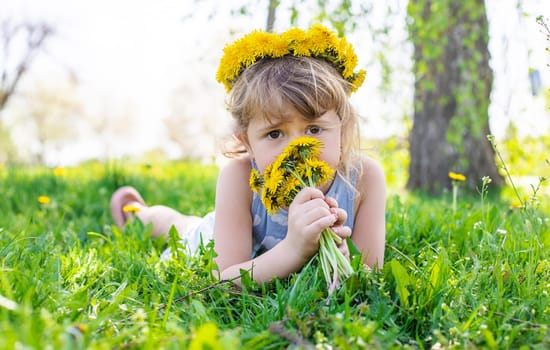 Child in the garden with a bouquet of dandelions. Selective focus. Kid.