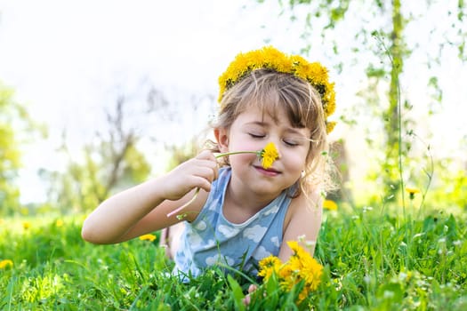 Child in the garden with a bouquet of dandelions. Selective focus. Kid.