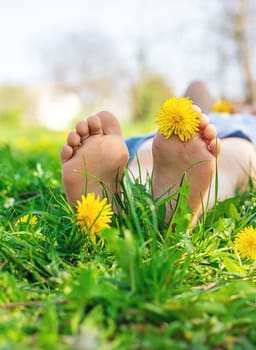 child feet in a garden with dandelions. Selective focus. kid,