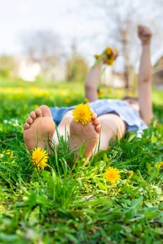 child feet in a garden with dandelions. Selective focus. kid,