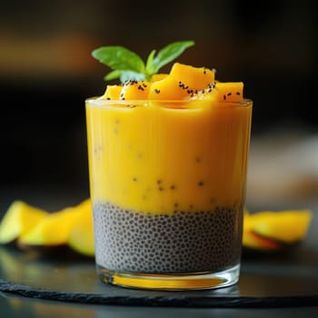 Creamy chia pudding layered with ripe mango puree and topped with fresh mango chunks. Mint leaves add a pop of color, making it a delightful dessert.
