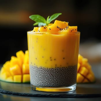 A delicious chia seed pudding layered with smooth mango puree is beautifully presented in a transparent glass. Fresh mango chunks are placed on top, enhancing its tropical appeal.