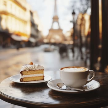 A delightful piece of cake and a cup of coffee are beautifully arranged on a table, offering a stunning view of the Eiffel Tower and the Parisian streets.