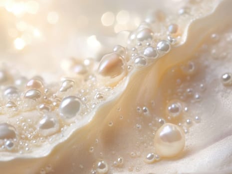 A collection of various pearls is scattered across a delicate fabric, illuminated by soft light, creating an elegant and serene atmosphere.