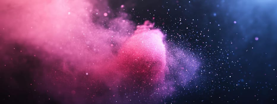 Swirling cosmic dust forms a mesmerizing background, showcasing vibrant hues of purple and pink against a dark expanse of space, evoking a sense of wonder and mystery.