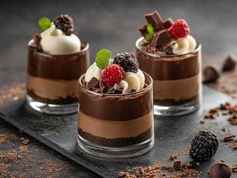 Delightful chocolate desserts showcase layers of rich chocolate and cream, topped with fresh berries and mint leaves, beautifully arranged on a dark slate platter.