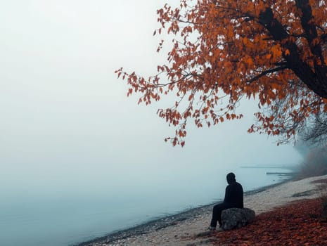 A person sits alone on a rock at the edge of a misty lake, with vibrant autumn leaves framing the view. The serene atmosphere creates a moment of reflection during early morning hours.