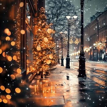 Twinkling lights decorate trees along a glistening street as snow gently falls, creating a cozy and festive atmosphere in the city at night.