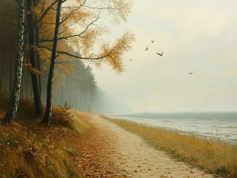 A tranquil beach path lined with trees displaying autumn colors leads towards the water. Birds fly overhead, enhancing the peaceful atmosphere of this autumn scene.