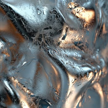 The composition showcases smooth, abstract metal surfaces that create dynamic reflections and textures, resulting in a captivating visual experience with a focus on light interplay.